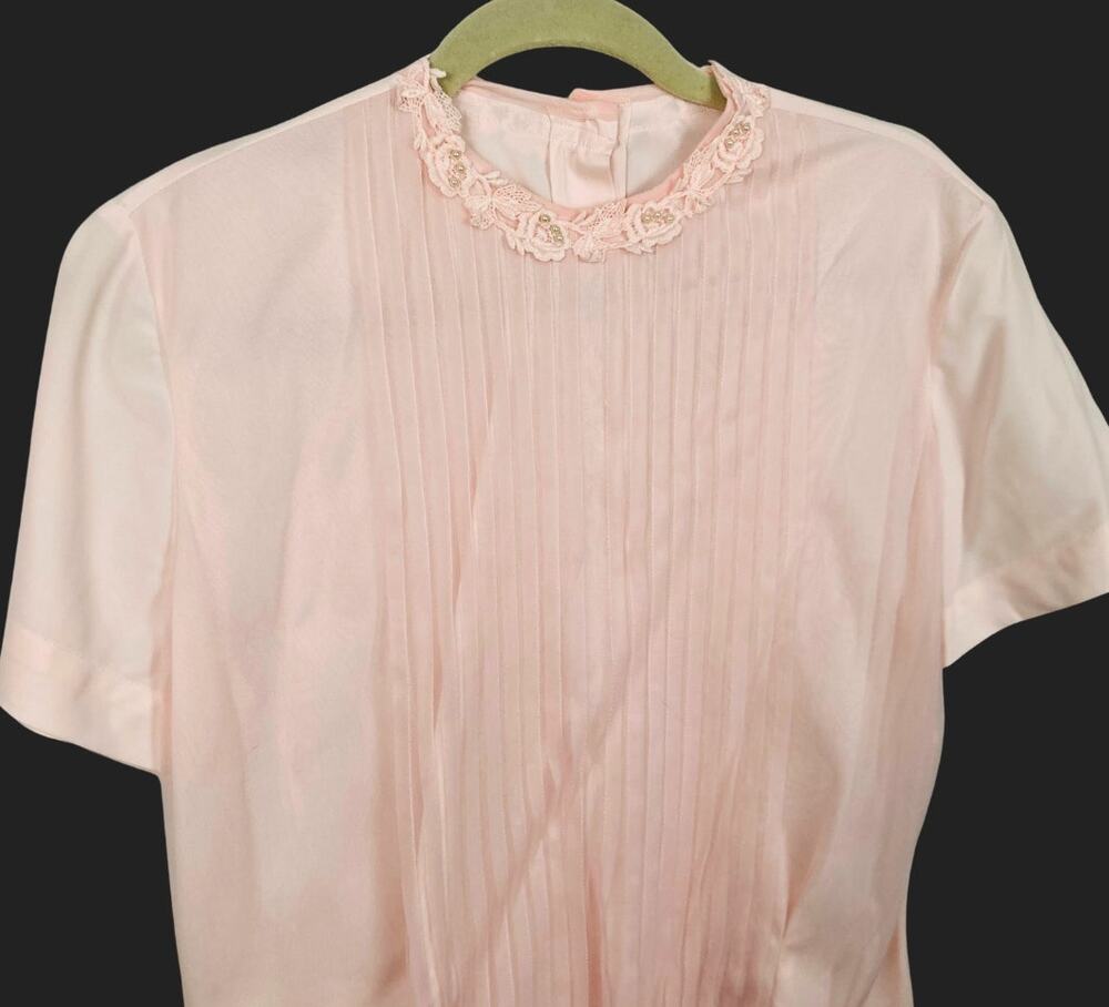 VTG Pink Pleated Sheer Button Back Blouse Size M Rosette Beaded Collar Victorian